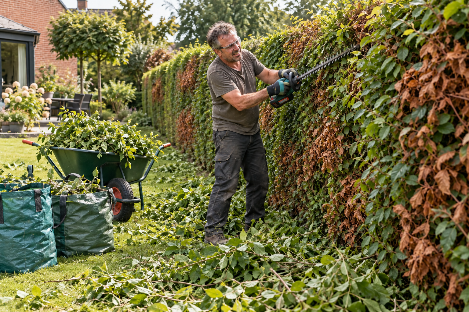 Trimming a discoloured hedge with garden waste