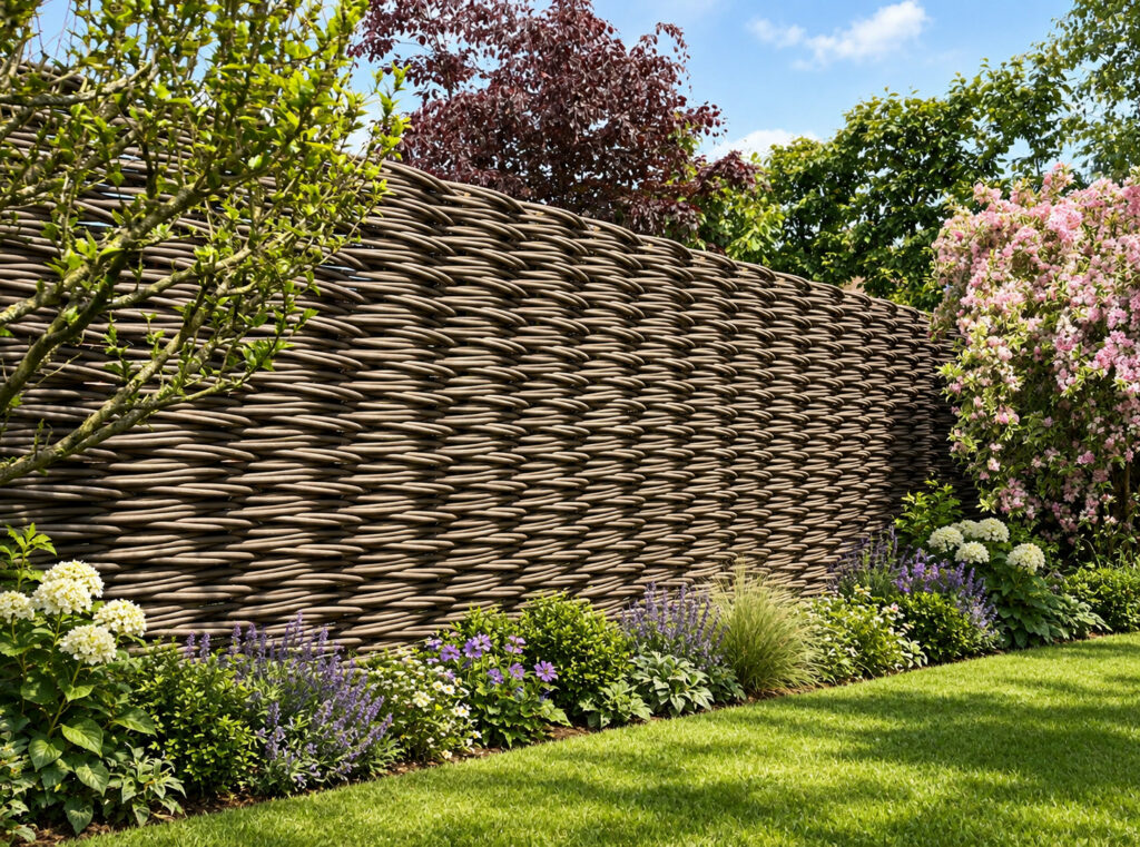 Clôture tressée sur place en continu dans un jardin aménagé