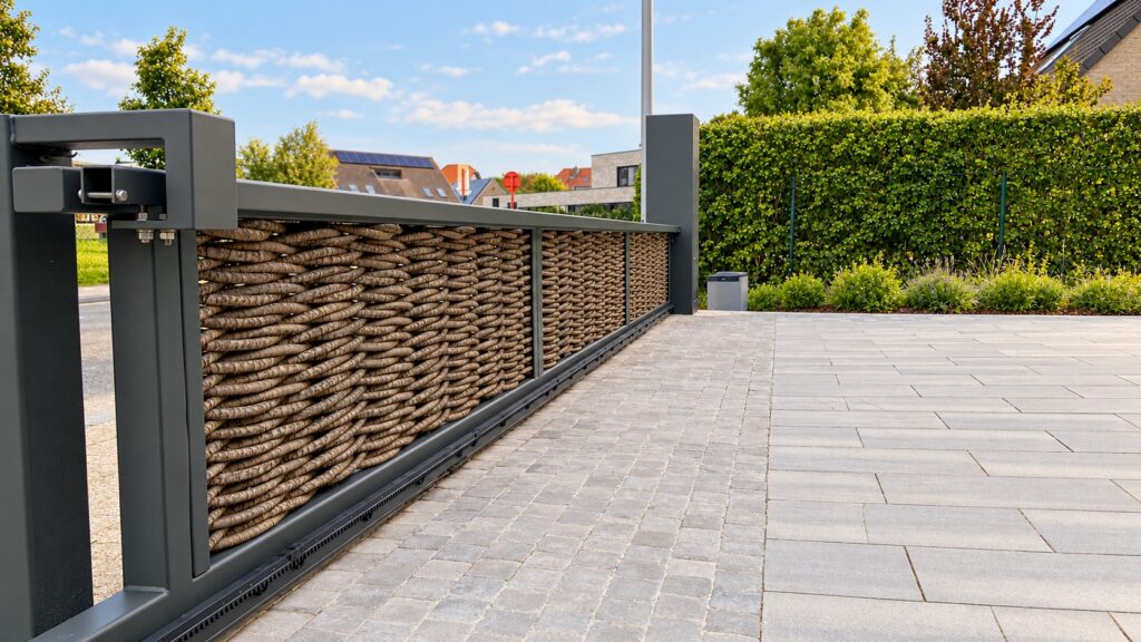 Low tracked sliding gate with double weaving