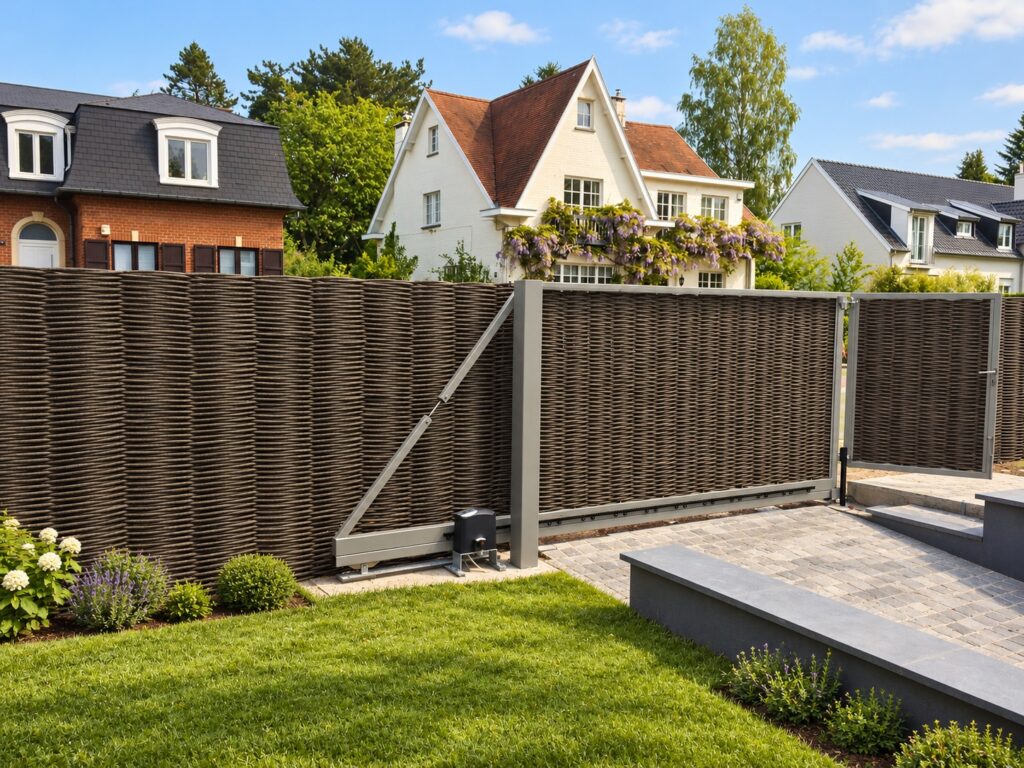 Inside view of a cantilever sliding gate with brown weaving