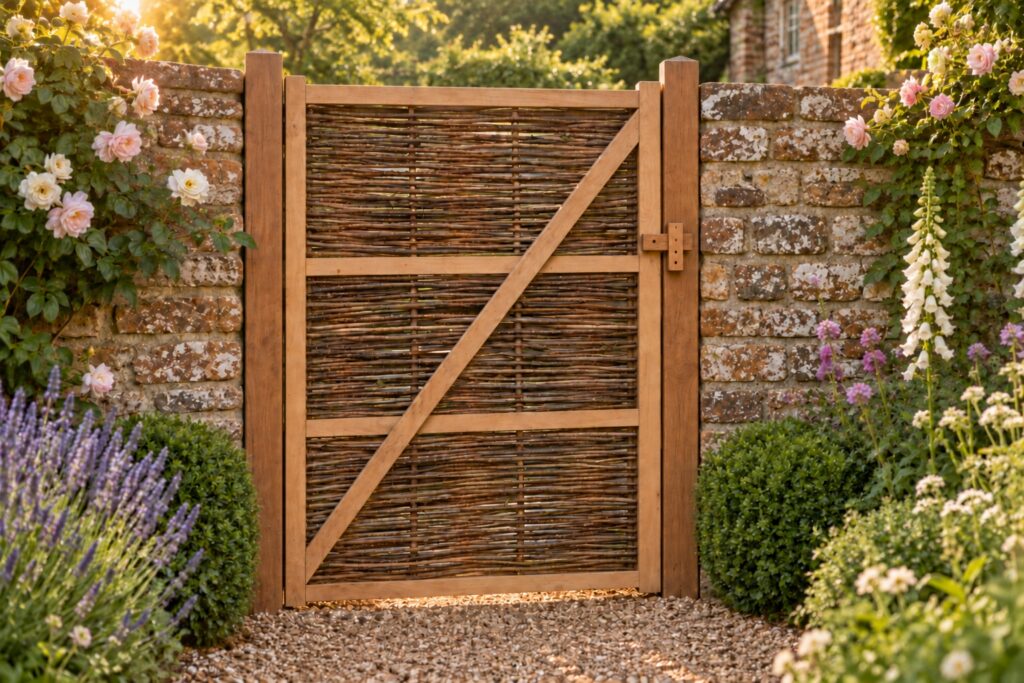 Single-leaf garden gate with hazel weaving