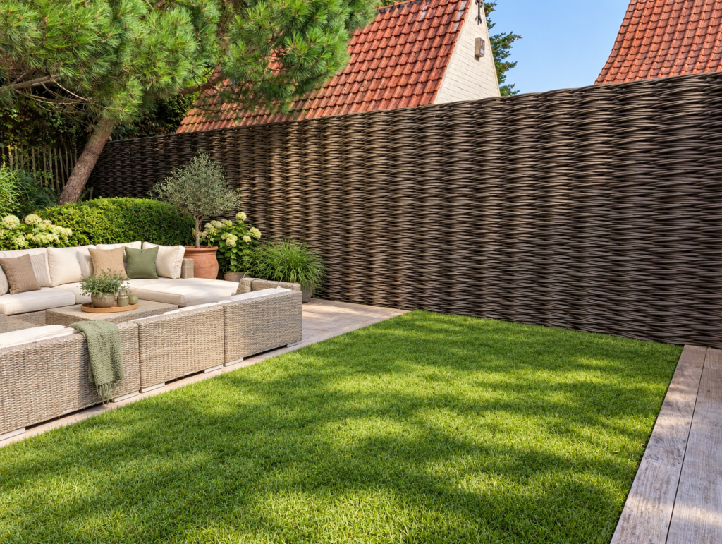 Continuous woven fence providing privacy in a courtyard garden