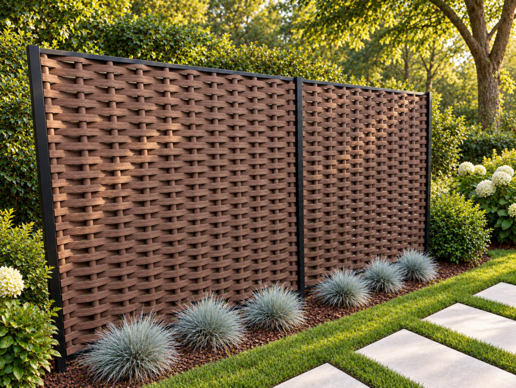Flat-weave panels used as garden fencing