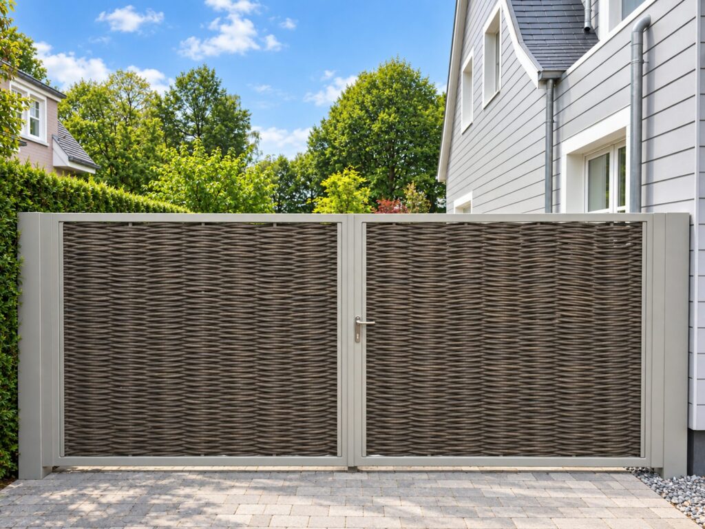 Portail à deux vantaux avec cadre gris et double tressage gris foncé