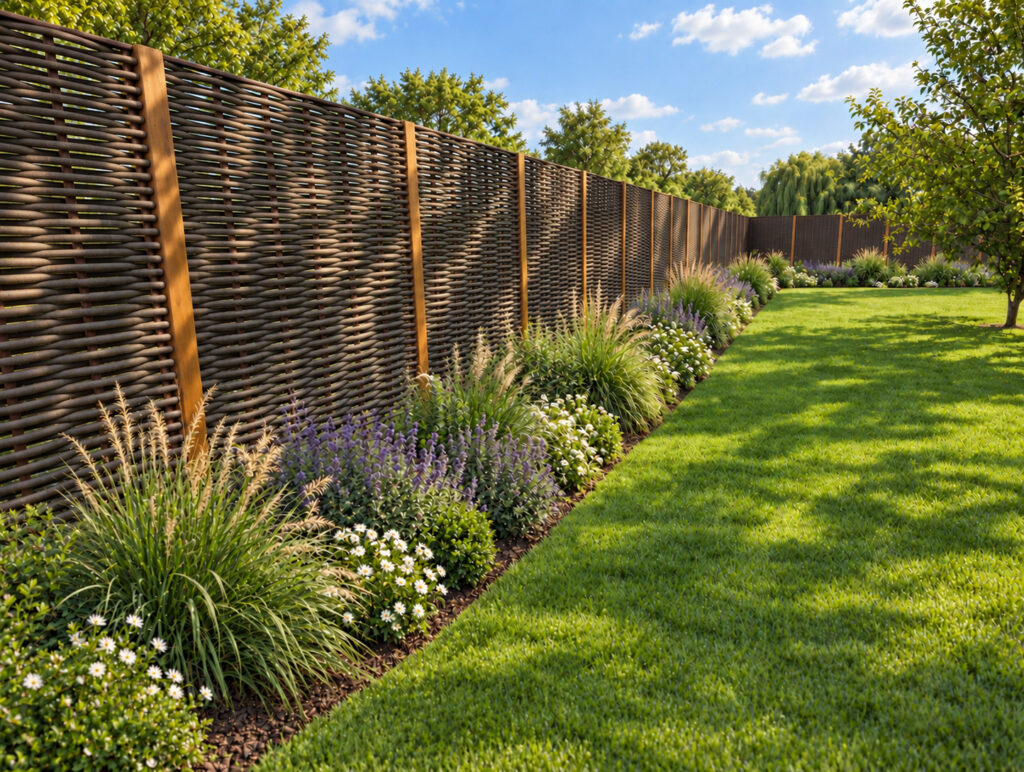 Single-weave panels with tropical hardwood posts